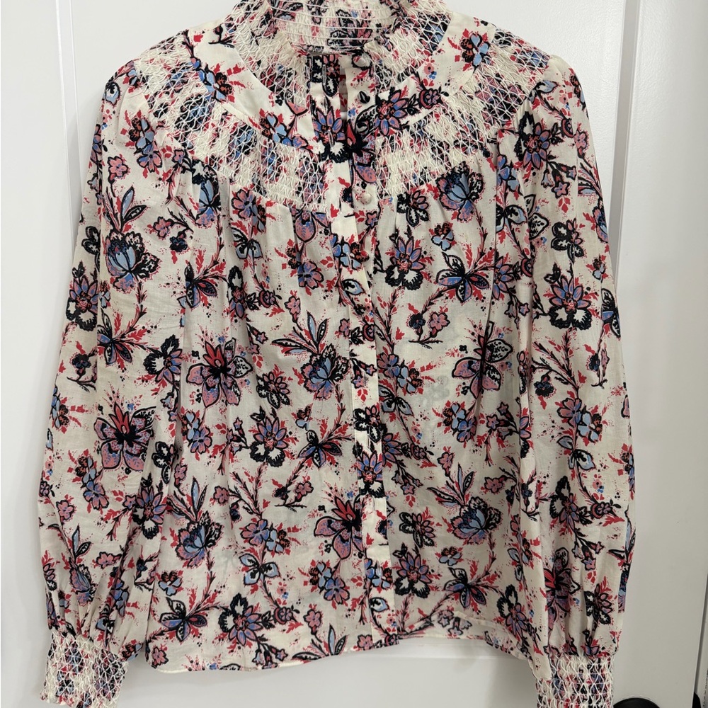 Derek Lam Cream Floral Smocked Neck Blouse